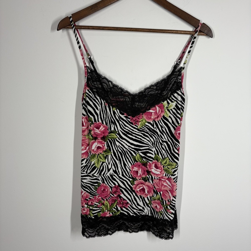CACHE Womens Y2K Lace Trim Cami Top Size M Zebra Floral Print Vintage 90s 2000s